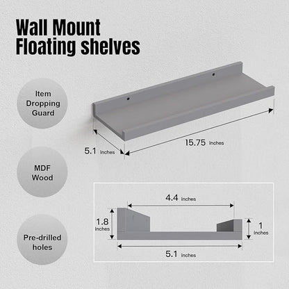 RICHER HOUSE 8 Set Floating Wall Mounted Shelves, Nursery Hanging Book Shelves with Lip for Storage, Gray Display Picture Ledge Shelf for Bedroom Bathroom Kitchen Living Room Wall Decor, Modern Grey
