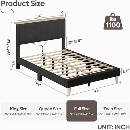 Bestier Full Bed Frame with Adjustable Headboard & LED Lighting, Corduroy Upholstered Platform Bed Frame with Storage Shelf, Solid Wood Slats, No Box Spring Needed, Never Squeak, Easy Assembly, Black
