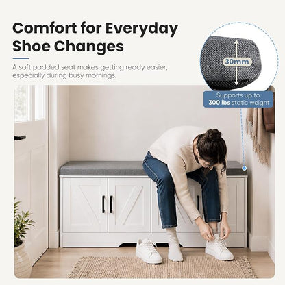 NEWBULIG Shoe Storage Bench for Entryway with Cushion, 47.2IN, White | Shoe Organizer Cabinet with Padded Cushion and Doors, Adjustable Shelves, Shoes Bench for Hallway, Mudroom, Bedroom