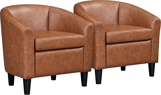 Topeakmart Leather Accent Chair, PU Leather Modern Barrel Chair Club Armchair with Soft Padded for Living Room Bedroom, Brown, Set of 2