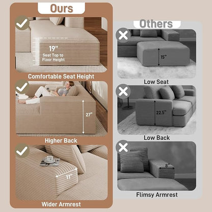143" Oversized U Shaped Cloud Sectional Couches for Living Room, Comfy Fluffy Corduroy Beige Boneless Couch, Large Modular Sectional Sofa Set with Chaise, Cup Holder, USB Port, Storage Console