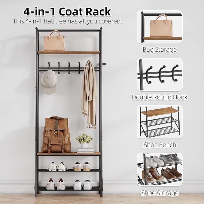 Jojoka Coat Rack Hall Tree with Shoe Storage Bench, 4-in-1 Entryway Organizer with 10 Hooks & 3-Tier Shoe Rack, Sturdy Metal Frame Freestanding Storage Unit for Hallway, Front Door & Mudroom