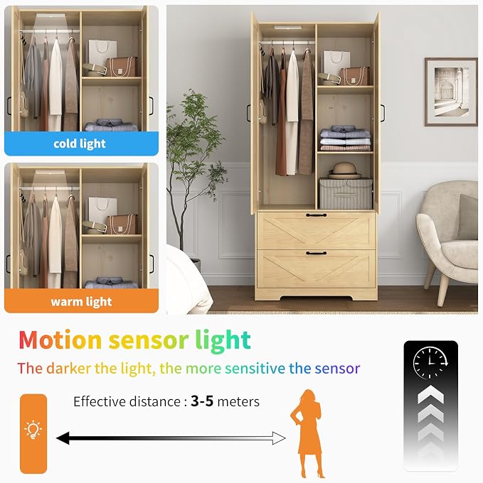 72" Wardrobe Closet with Mirror, Bedroom Armoire with Drawers, Hanging Rod and LED Light, Farmhouse Wooden Clothes Storage Cabinet for Bedroom, Guest Room, Apartment,Natural