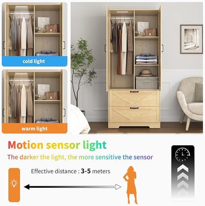 72" Wardrobe Closet with Mirror, Bedroom Armoire with Drawers, Hanging Rod and LED Light, Farmhouse Wooden Clothes Storage Cabinet for Bedroom, Guest Room, Apartment,Natural