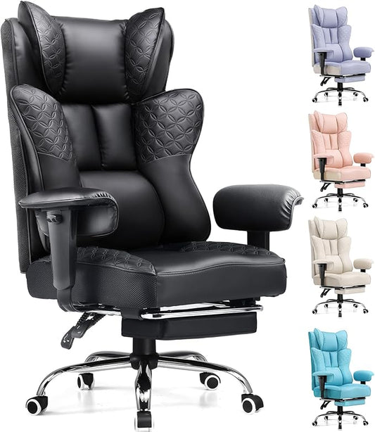 GTPLAYER Big and Tall Office Chair Wide Ergonomic Gaming Chair with Deluxe Embossing Designed Leather with Foot Rest,150°Reclining Adjustable Soft Armrests Pocket Spring Back Support and Pillow