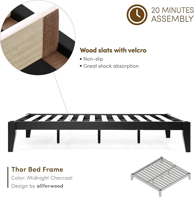 Thor Premium Solid Wood Bed Frame Full, Japanese Joinery Bed Frame with Wood Slat Support, Platform Bed, No Box Spring Needed, Easy Assembly, Minimalist & Modern Style (Midnight Charcoal)