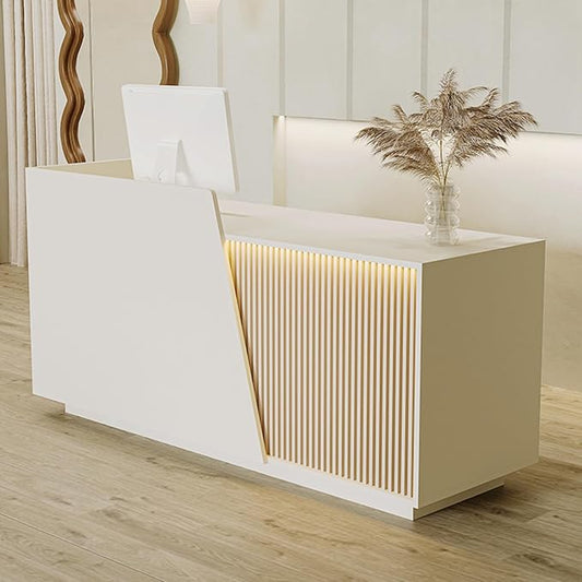 Reception Desk with Counter, Modern Reception Desk with Drawers & 2 Storage Cabinets & 3 Storage Compartments, Front Desks Reception Counter for Salon/Office/Store (Beige-Right, 63inch/160cm)