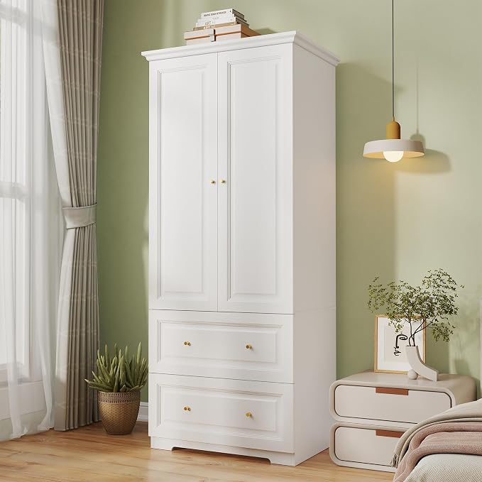 Armoire Wardrobe Closet with Drawers: Large White Wardrobe Closet with 2 Doors and 2 Drawers, Wooden Bedroom Armoires Storage Cabinet with Hanging Rod and Shelves (32")