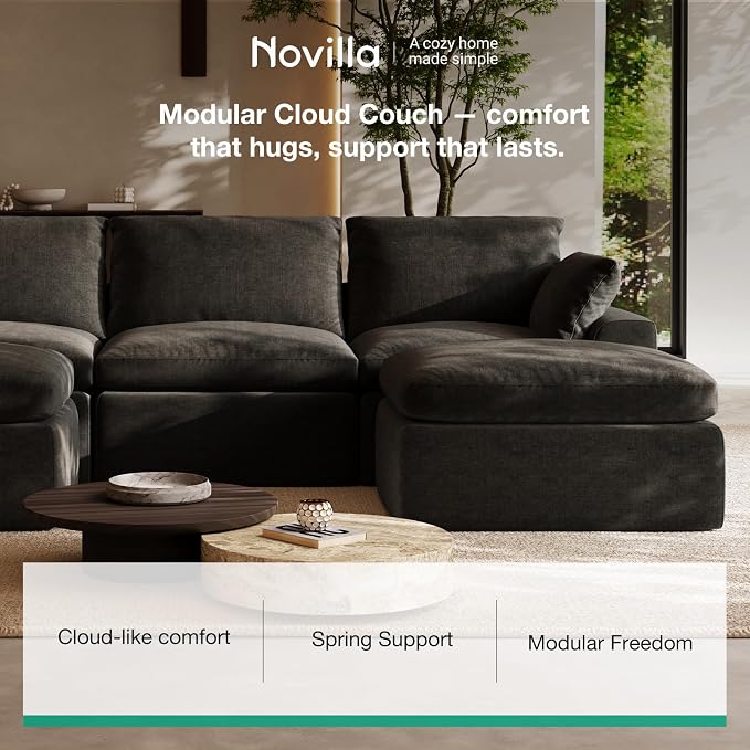 Novilla Modular Cloud Couch, Modern Sectional Sofa with Smarts Coil® Support, Chenille Fabric, Upholstered Couch for Living Room Apartments Bedroom, No Assembly, Ottoman, Dark Grey