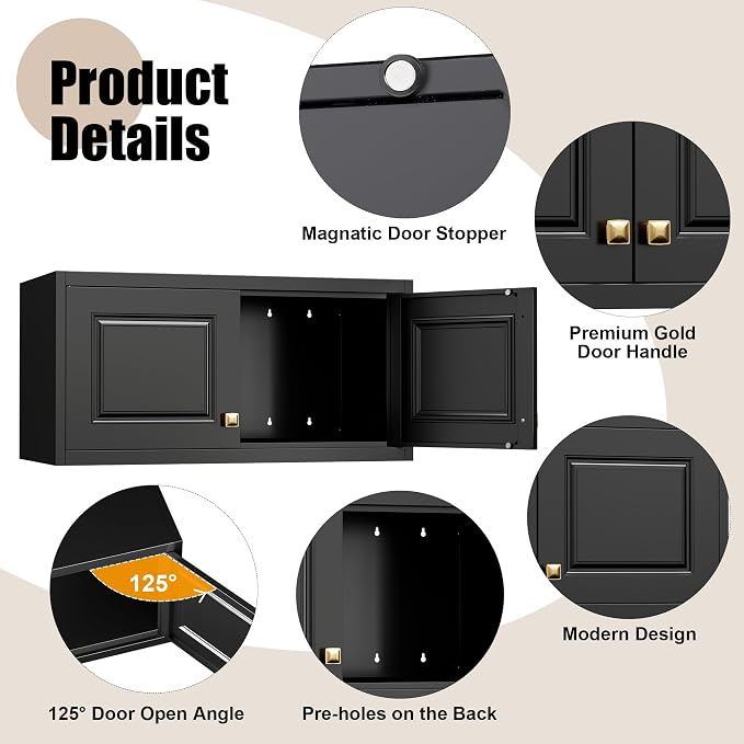 Metal Storage Cabinet with Doors, Small Armoire Wardrobe Closet, Black Storage Wall Cabinet, 15" Tall Clothing Cabinets, Steel Overhead Wardrobe for Bedroom, Laundry Room