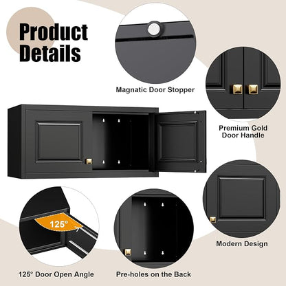 Metal Storage Cabinet with Doors, Small Armoire Wardrobe Closet, Black Storage Wall Cabinet, 15" Tall Clothing Cabinets, Steel Overhead Wardrobe for Bedroom, Laundry Room