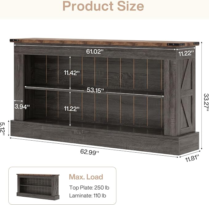 Tribesigns 63-Inch Long Console Table for Entryway, Narrow Long Entry Table with Shelves for Living Room, Farmhouse Sofa Console Behind Couch, for Foyer, Hallway, Gray and Brown