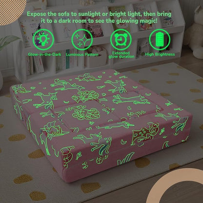 MeMoreCool Modular Kids Couch, Glow Play Toddler Couch for Bedroom Playroom, Convertible Foam Kids Sofa Bed, Fold Out Baby Sofa for Girl Boy, Pink Fairy