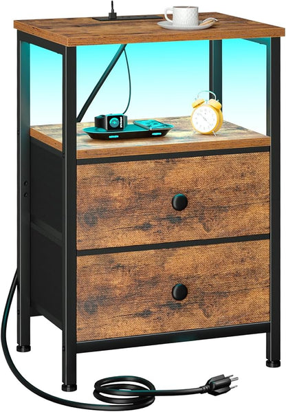 LOAKEKEL Night Stand with Charging Station, Small Bedside Table with USB Ports & Outlets, LED Nightstand with 2 Fabric Storage Drawers PU Finish for Bedroom, Brown, HETS02BR-1