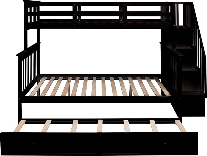 MERITLINE Twin Over Full Bunk Bed with Trundle, Storage Staircase,Solid Wood Bunk Bed with Stairs Box and Guardrail, No Spring Box Needed (Espresso &Trundle,Twin Over Full)