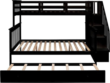 MERITLINE Twin Over Full Bunk Bed with Trundle, Storage Staircase,Solid Wood Bunk Bed with Stairs Box and Guardrail, No Spring Box Needed (Espresso &Trundle,Twin Over Full)