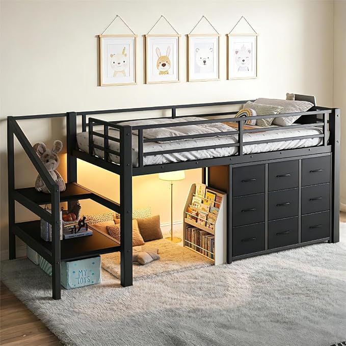 Bellemave Low Loft Bed Twin Size with Storage Stairs and Drawers, Metal Twin Loft Bed for Kids with LED Lights and Shelves, Low Profile Loft Bed Frame for Small Rooms, No Box Spring Needed, Black