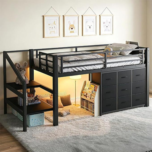 Bellemave Low Loft Bed Twin Size with Storage Stairs and Drawers, Metal Twin Loft Bed for Kids with LED Lights and Shelves, Low Profile Loft Bed Frame for Small Rooms, No Box Spring Needed, Black