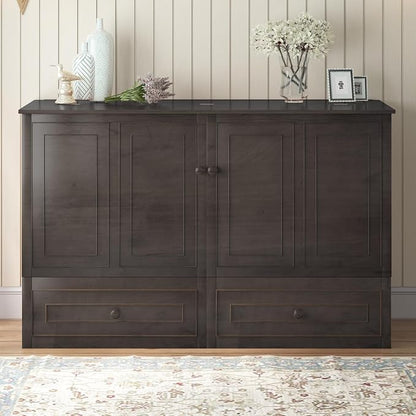 BALUS Queen Size Murphy Bed Cabinet with Tri-Fold Memory Foam Mattress, USB Charging Station, Cabinet Murphy Beds with Storage Drawer, Guest Wall Bed for Living Room Home Office, Grey