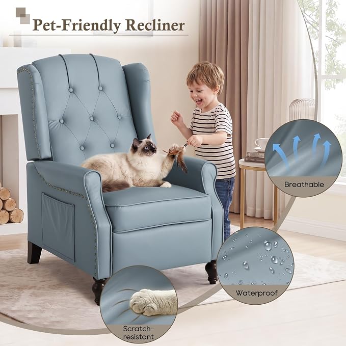 Wingback Recliner Chair with Massage & Heat, Cat-Proof Push Back Arm Chair, Recliner Chair for Living Room Bedroom Home Theater (1, Grayish-Blue)