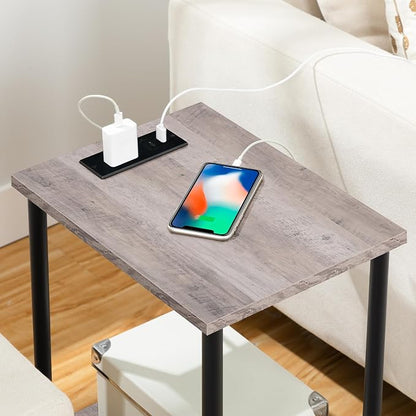 HOOBRO Side Table with Charging Station, Set of 2 End Tables with USB Port and Outlets, Nightstand with 2-Layer Storage Shelves for Small Spaces, Living Room, Bedroom, Greige and Black BG09UBZP201