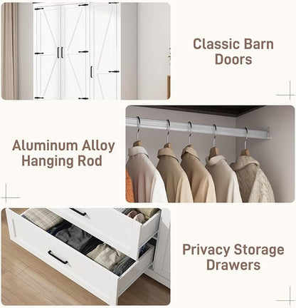 Hlivelood 3 Doors Wardrobe Armoire Closet with Doors and Drawers, Farmhouse Wooden Armoire Storage Cabinet with Shelves & Hanging Rod for Bedroom, White