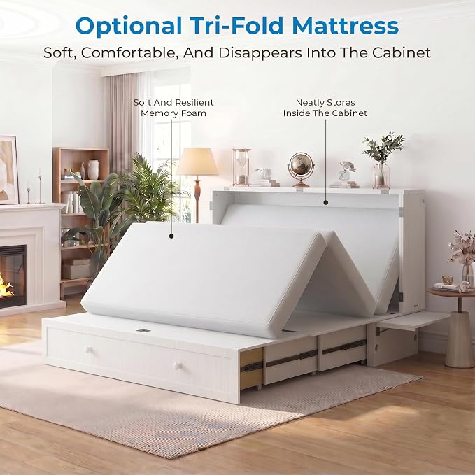 Mjkone Murphy Bed Queen Cabinet Bed with Tri-fold Mattress and Built-in USB Charging, 2 Drawers, Bedside Panel, Hidden Guest Beds, Murphy Cube Chest Cabinet Beds for Bedroom, Apartment - White