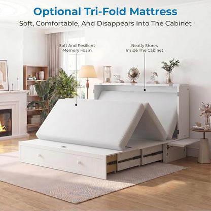 Mjkone Murphy Bed Queen Cabinet Bed with Tri-fold Mattress and Built-in USB Charging, 2 Drawers, Bedside Panel, Hidden Guest Beds, Murphy Cube Chest Cabinet Beds for Bedroom, Apartment - White