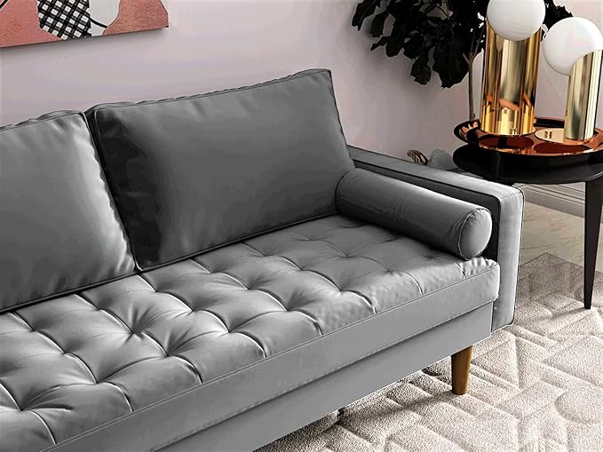 Container Furniture Direct Womble Mid Century Modern Velvet Upholstered Tufted Seat with Bolster Pillows, Sofa, Grey