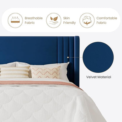SHA CERLIN King Size Velvet Upholstered Platform Bed Frame with Vertical Channel Tufted Wingback Headboard, Wooden Slats Support, Easy Assembly, Under Bed Storage, No Box Spring Required, Blue