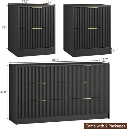 6 Drawer Dresser & Nightstand Set 3-Piece, 55” Wide Bedroom Dresser and Night Stand Set of 2 with Metal Handle, Fluted Modern Wood Chest of Drawers Storage Dressers Set for Bedroom, Black