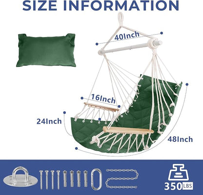 Hammock Chair Hanging Swing with Wooden Armrest,Steel Spreader Bar,Pillows,Hardware kit Included;Cotton Woven;Up to 350 Lbs,for Indoor Outdoor Green