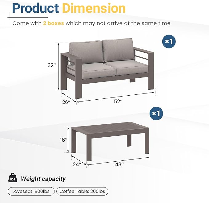 Wisteria Lane Metal Patio Furniture Set for All Weather, Oversized Heavy Duty Outdoor Furniture Set with Upgraded Cushion, Modern Outdoor Patio Loveseat Set for Garden, Balcony, Backyard, Kahki Gray