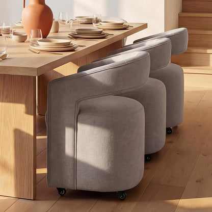 HNY Light Grey Linen Upholstered Dining Chairs Set of 3 – 360° Swivel Kitchen Seating with Casters & Barrel Open Back, Upholstered Rolling Chairs for Living Room, Dining Room