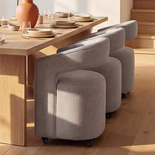 HNY Light Grey Linen Upholstered Dining Chairs Set of 3 – 360° Swivel Kitchen Seating with Casters & Barrel Open Back, Upholstered Rolling Chairs for Living Room, Dining Room