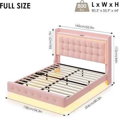 Keyluv Full Floating Bed Frame with Storage Headboard, LED Lights & Charging Station Platform Bed, Soft Upholstered Velvet, USB/Type-C Ports, Easy Assembly, Pink