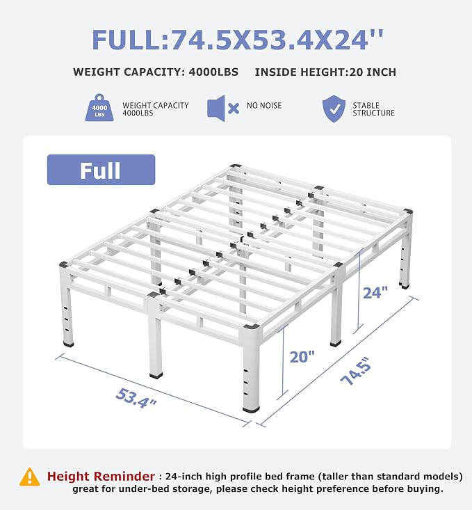 NKZ 24 Inch Full Size Bed Frame, Metal Bed Frame & Box Spring 2 in 1 Platform with Round Corner Legs, 4000Lbs Heavy Duty Metal Frame, Mattress Slide Stopper, Headboard Hole, Noise-Free, Easy Assembly
