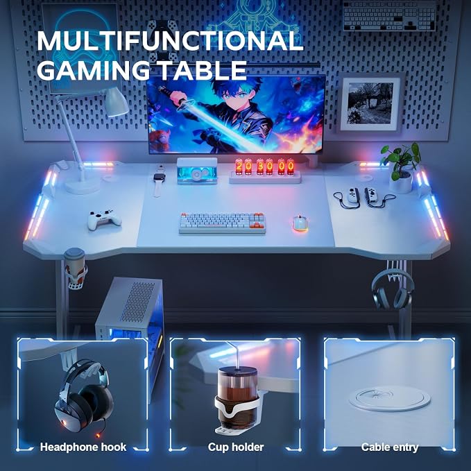HLDIRECT 63 Inch Gaming Desk with LED Lights Carbon Fibre Surface Gaming Table Large Computer Desk Ergonomic Home Office Desks Z Shaped PC Gamer Workstations with Cup Holder & Headphone Hook White