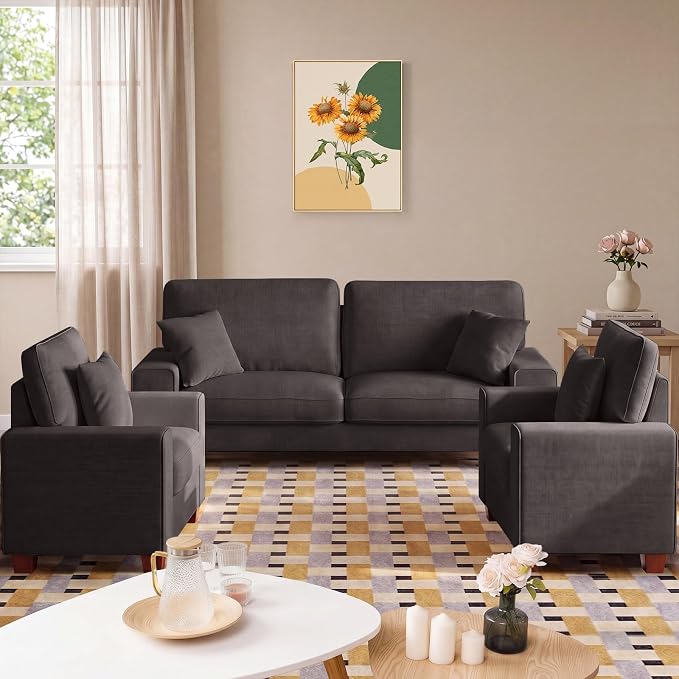 DOPEDIO Modern Living Room Sofa Set, 88.58" Chenille Loveseat with 2 Accent Chairs, Removable Covers, Spring Cushions, Solid Wood Frame, Easy Assembly（88.58inch+2 Single,Dark Grey）