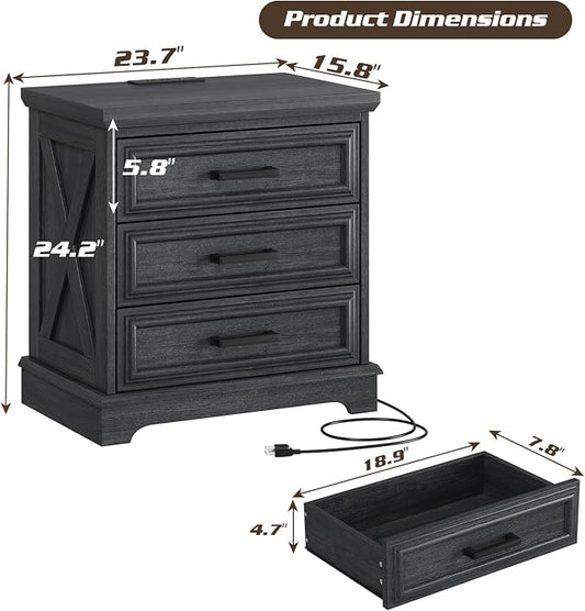 knoworld 24 Inch Wide Farmhouse Nightstands with Charging Station, Dark Gray Nightstand with 3 Large Drawers, Rustic Wood End Table for Bedroom