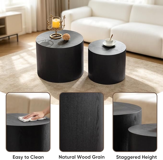 Nesting Round Coffee Table Set of 2, Circle Accent End Table for Small Spaces, Morden Drum Side Table, Wooden Center Table for Living Room, Fully Assembled - Black