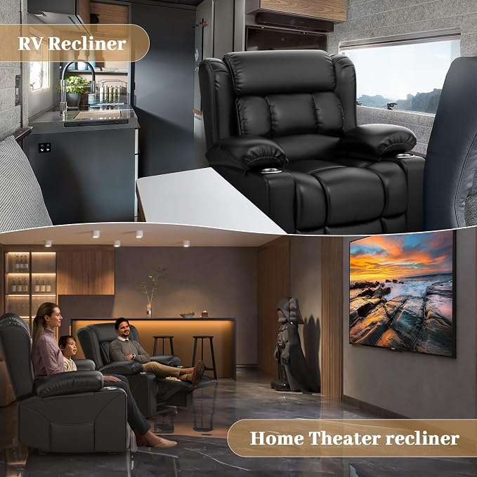 Recliner Chair for Adults, Oversized PU Leather Loveseat Recliner Manual Pull Tab Reclining Chair with Cup Holders, Minimalist Style Single Sofa for Living Room, RV (Black)