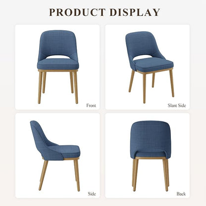 Modern Upholstered Dining Chairs Set of 2, Open Back with Solid Wood Legs, Ergonomic Curved Back Fabric Kitchen Chairs for Dining Room & Kitchen, Living Room Side Chairs, Farmhouse, Blue