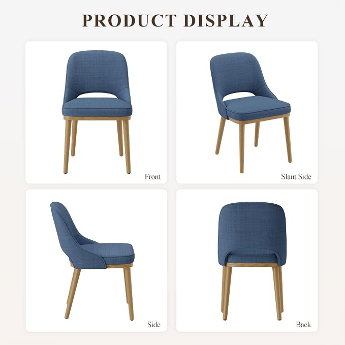 Modern Upholstered Dining Chairs Set of 6, Open Back with Solid Wood Legs, Ergonomic Curved Back Fabric Kitchen Chairs for Dining Room & Kitchen, Living Room Side Chairs, Farmhouse, Blue