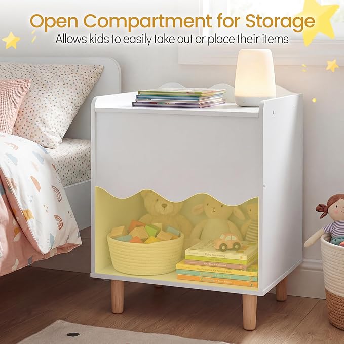 Costzon Nightstand, Kids Scalloped Side Table w/Wide Top, Large Storage Compartment & Solid Rubber Wood Legs, Wooden End Table for Children's Play Room, Bedroom, Living Room (White)