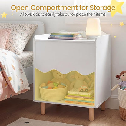 Costzon Nightstand, Kids Scalloped Side Table w/Wide Top, Large Storage Compartment & Solid Rubber Wood Legs, Wooden End Table for Children's Play Room, Bedroom, Living Room (White)