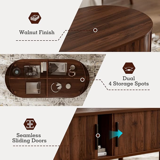 ZttRiee Oval Coffee Table with Sliding Doors, Mid-Century, Walnut | 47.24"L x 21.65"W x 16.14"H, 200 lbs capacity, 2 front & back storage areas, ~60 min assembly