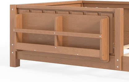 Bellemave Twin Floor Bed with Rails and Slats, Twin Size Montessori Floor Bed with Bookshelf and Fence, Easy Assemble Montessori Beds Frame for Girls, Boys, Natural
