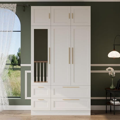 47" Almirah for Clothes, Tall Storage Wardrobe Closet Cabinet, Wardrobe with Drawers, Clothes Closet with Metal Hanging Rod, Handles, Mirror and Doors for Bedroom, White + Gold
