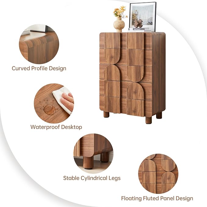 Fluted 5 Drawers Dresser for Bedroom, 46" Tall Dressers & Chest of Drawers w/Curved Profile Design, Wood Mid Century Modern Vertical Storage Dressers Organizer for Living Room, Hallway, Walnut
